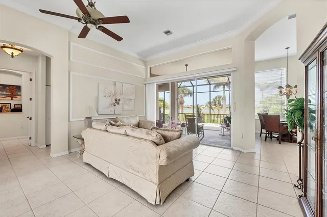 a living room with furniture and a potted plant