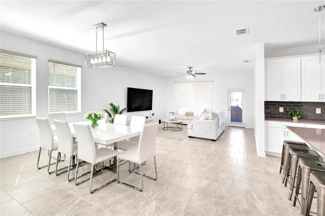a view of a dining room with furniture