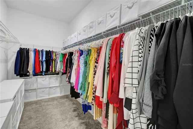 a view of walk in closet with clothes