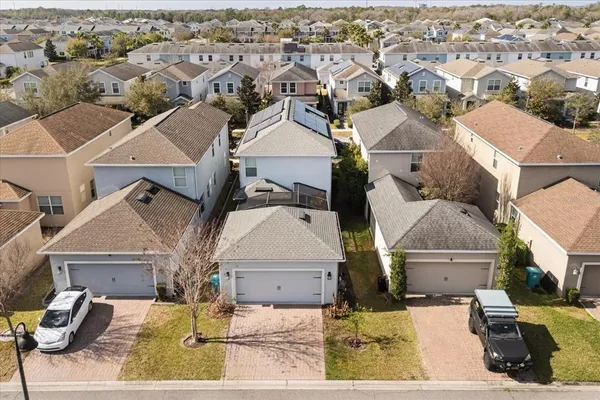an aerial view of a swimming pool