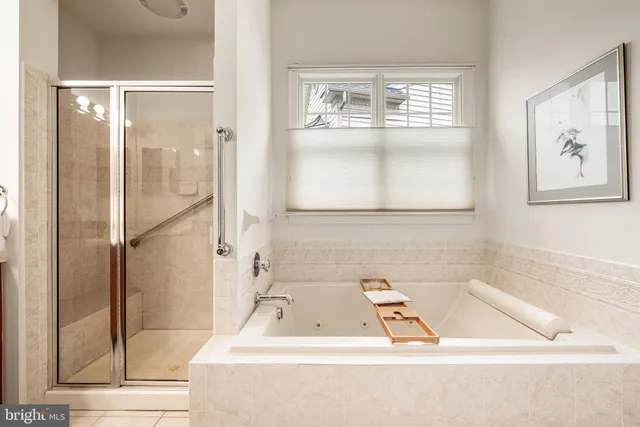 a bathroom with a bathtub and a shower