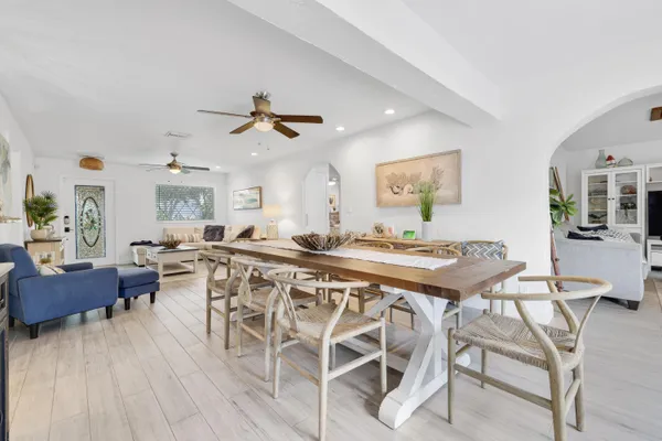 a view of a dining room with furniture
