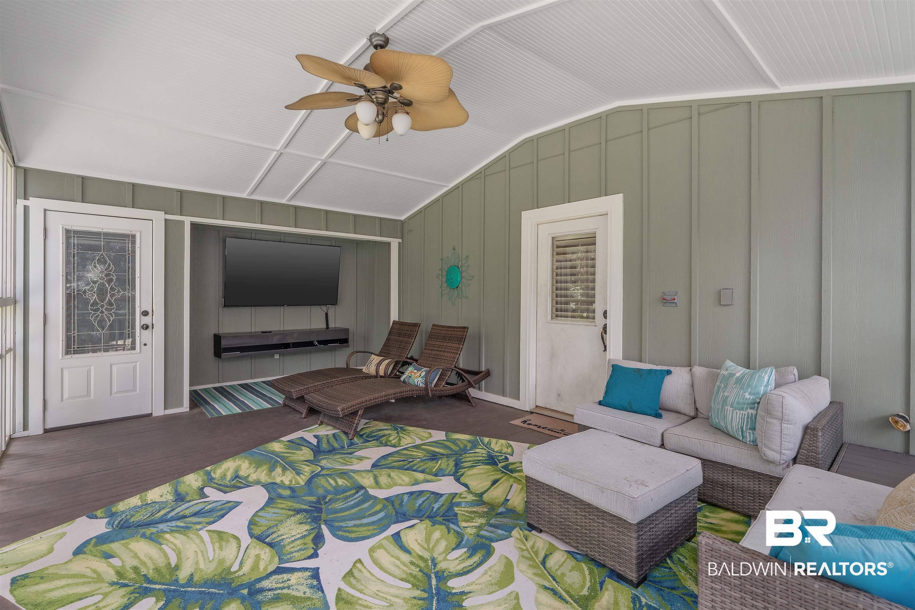 25591 Waterworld Road Robertsdale, AL 36567 - Photo 26 of 33 Living room featuring vaulted ceiling, dark hardwood / wood-style floors, and ceiling fan