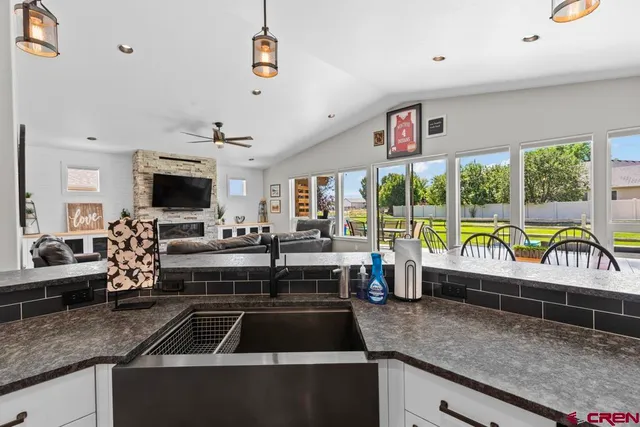 a kitchen with lots of counter top space
