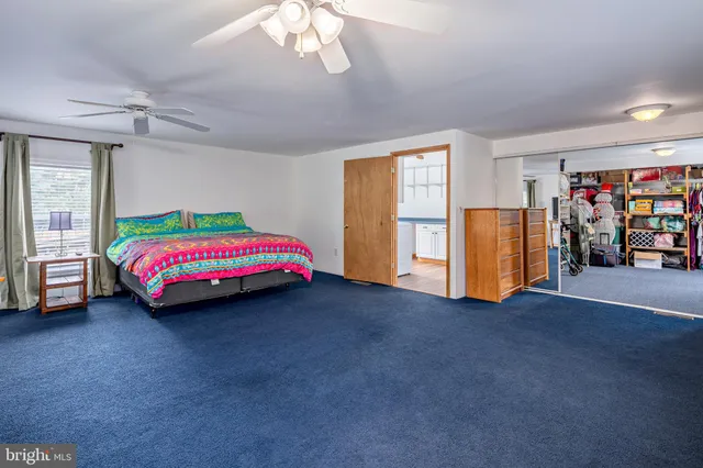 a room with a bed and a chandelier