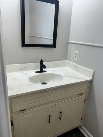 a bathroom with a sink and a mirror