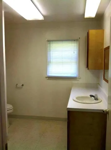 a bathroom with a sink a toilet and a mirror