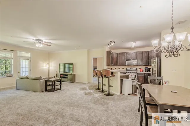 a view of a dining room with furniture