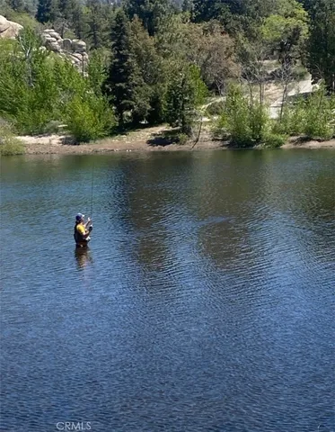 an aerial view of a house with a yard and lake view