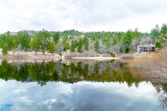 a view of river covered by trees and buildings