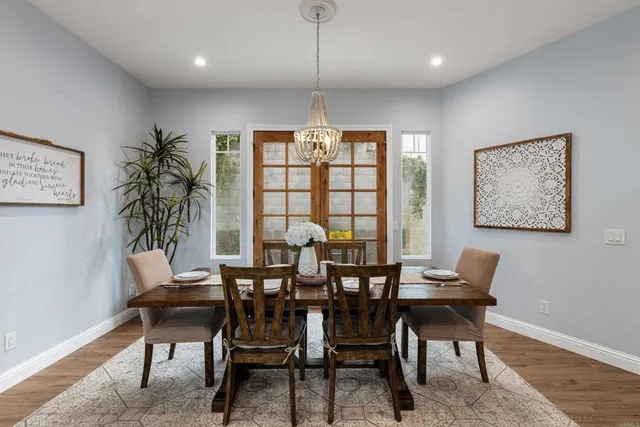 a view of a dining room with furniture window and outside view