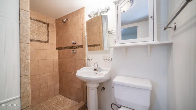 a bathroom with a sink a toilet and mirror