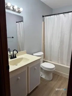 a bathroom with a sink a toilet and shower curtain