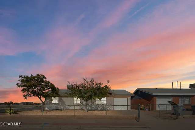 a view of a house with a yard and potted plants