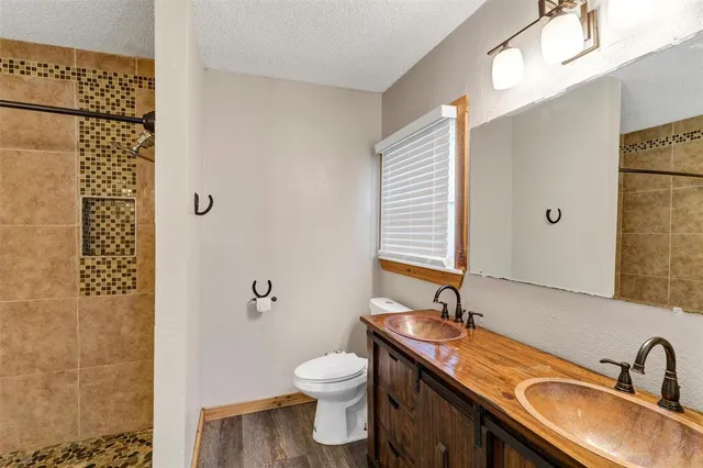 a bathroom with a granite countertop sink toilet and shower