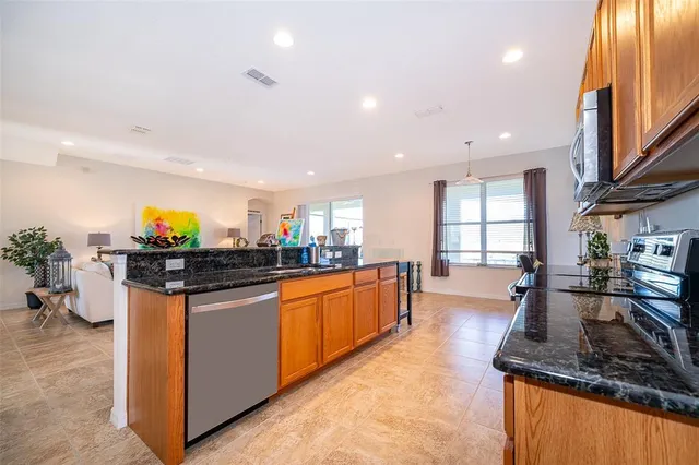 a view of a dining room with furniture