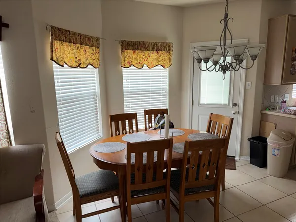 a view of a dining room with furniture window and outside view