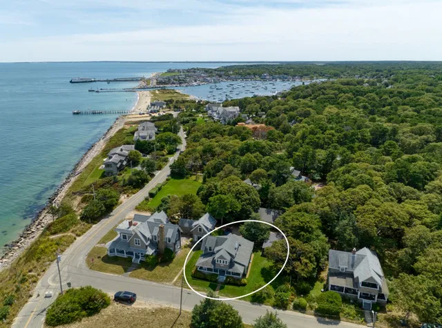 an aerial view of a house with a garden and lake view
