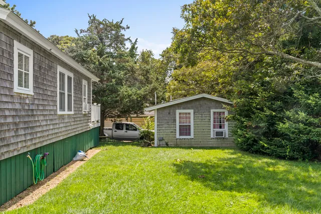 a view of a backyard with plants and large tree
