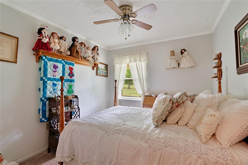 1355 County Road 33100 Sumner, TX 75486 - Photo 29 of 34 Bedroom with a textured ceiling, crown molding, a ceiling fan, baseboards, and carpet