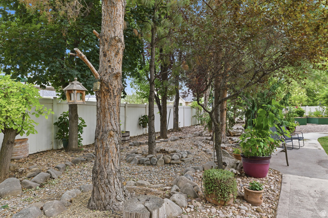 1888 East Cobblestone Road Springville, UT 84663 - Photo 40 of 44 Landscaped yard featuring mature trees, a white perimeter fence, and a concrete pathway