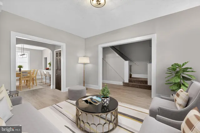 a living room with furniture and a potted plant