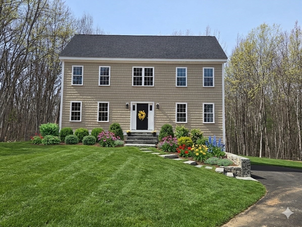 a front view of house with yard and green space