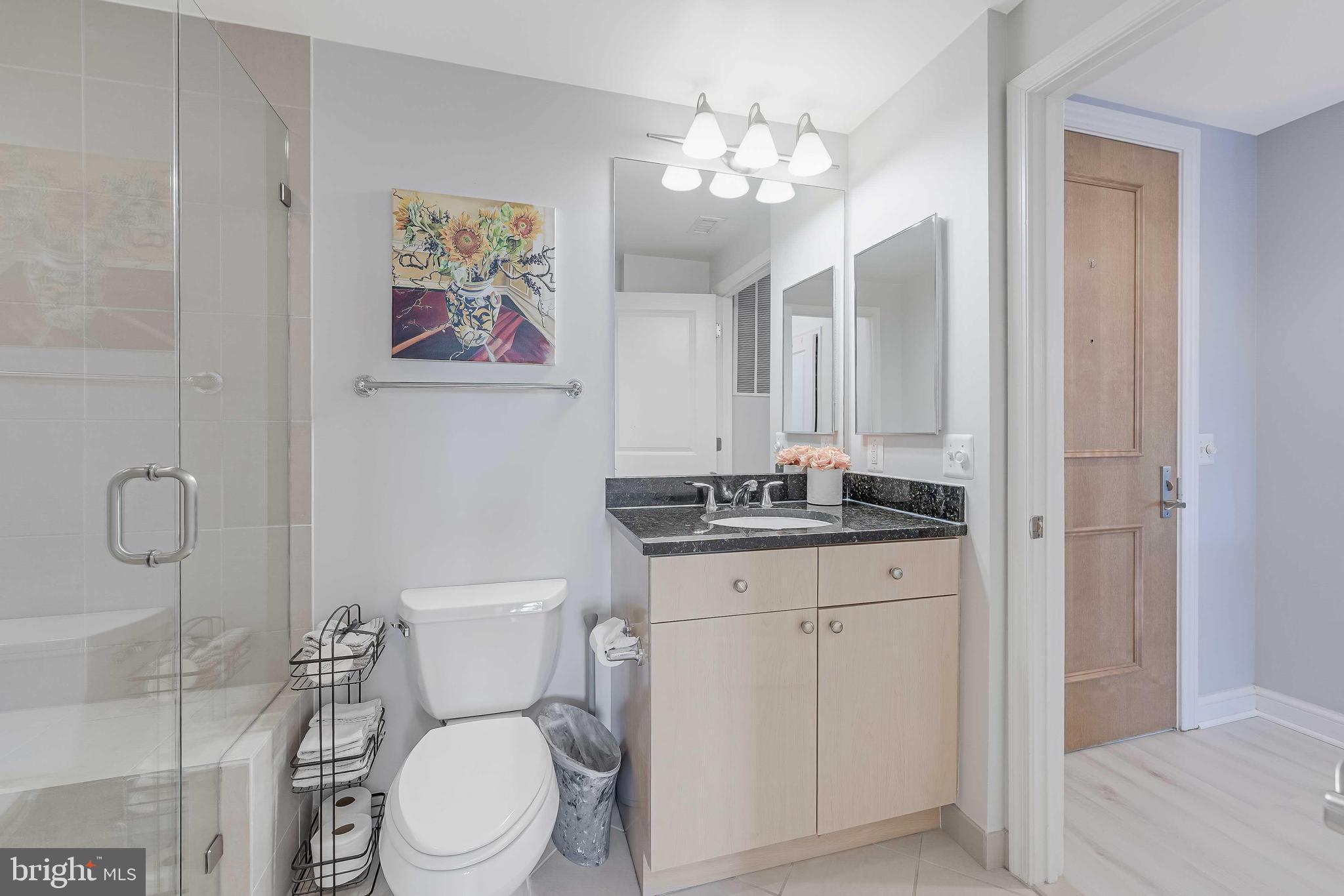 11990 Market Street, Unit 414 Reston, VA 20190 - Photo 22 of 52 a bathroom with a granite countertop toilet sink and mirror