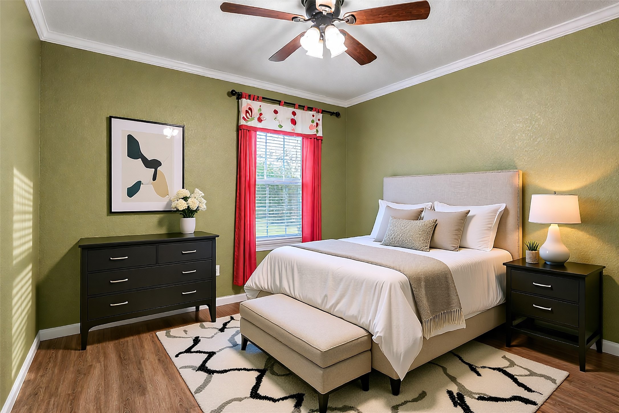 19303 Young Oak Street Spring, TX 77379 - Photo 20 of 29 Secondary bedroom with luxury vinyl flooring, ceiling fan and picture window. **Professionally decluttered and staged**
