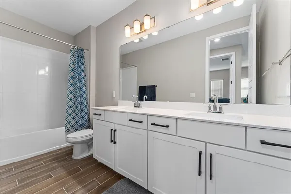 a bathroom with a double vanity sink mirror and toilet