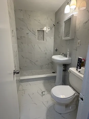 a white toilet sitting next to a bath tub