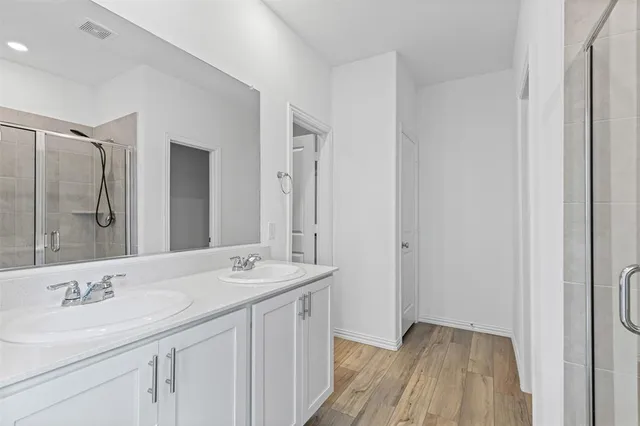 a bathroom with a sink a mirror and a shower