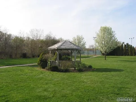 a view of a garden with a slide