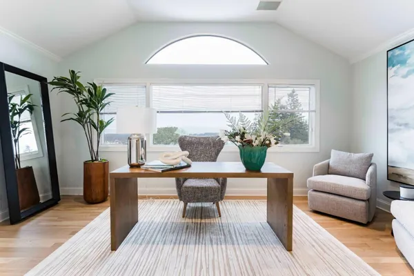 a living room with furniture a potted plant and a large window