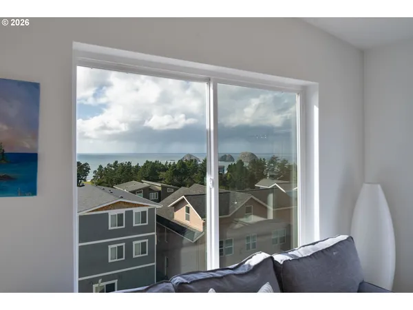 a view of a city from a living room