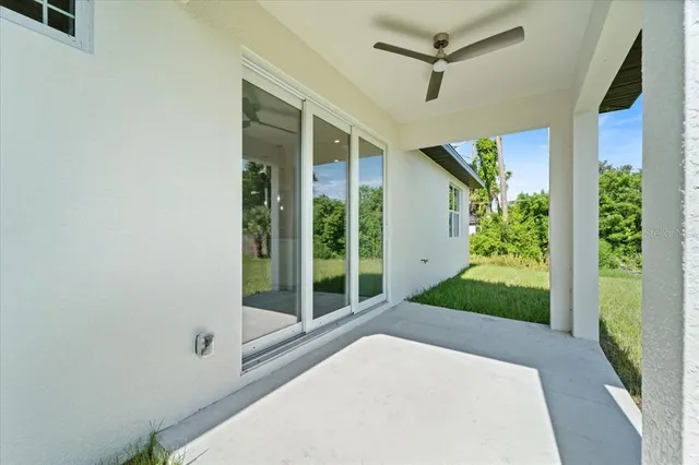 a view of a porch in front of a house