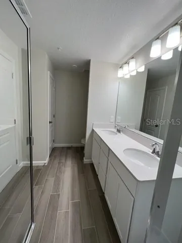 a bathroom with a sink a mirror and a bathtub