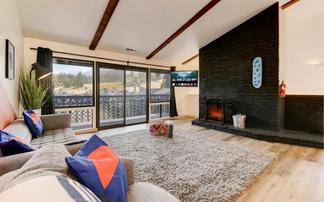a living room with furniture windows and a fireplace