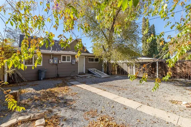 a view of a backyard with a tree