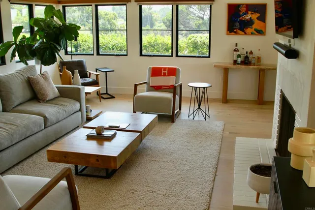 a living room with furniture and a potted plant