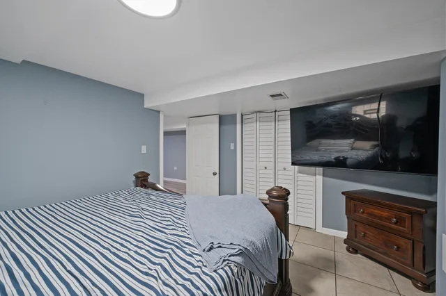 a bedroom with a bed and a television