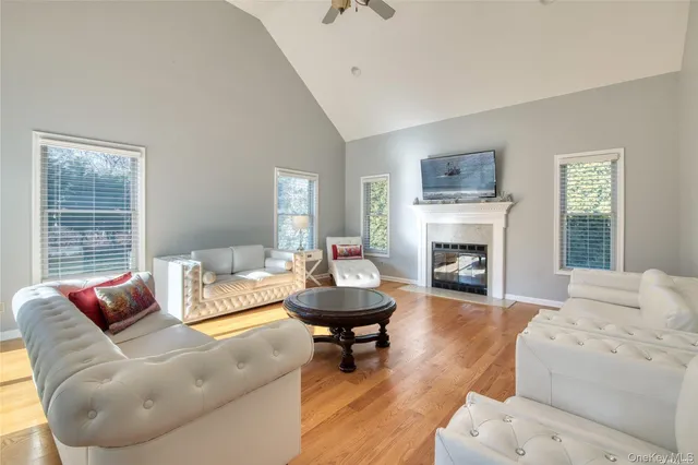a living room with furniture a fireplace and a table