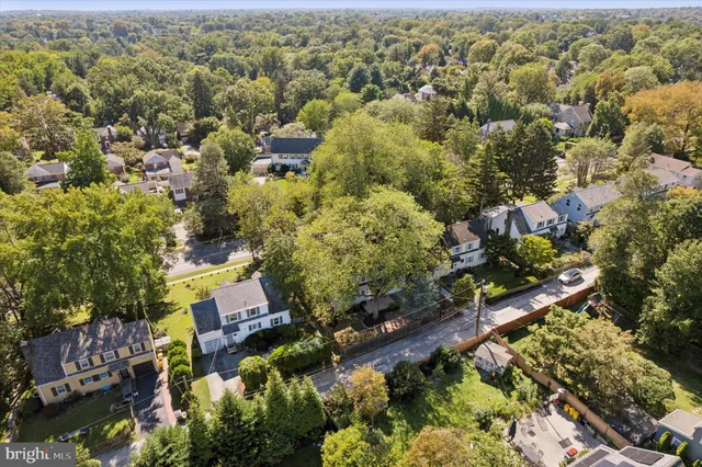 an aerial view of residential houses with outdoor space and trees
