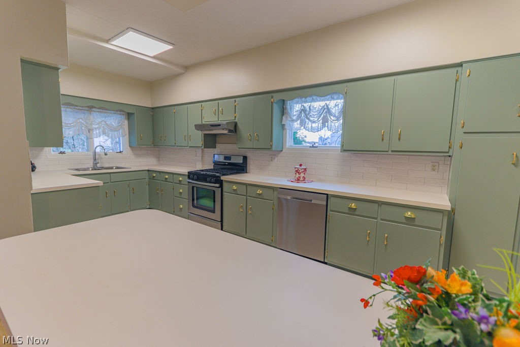 51883 Telegraph Road Amherst, OH 44001 - Photo 3 of 49 Kitchen featuring a wealth of natural light, green cabinets, sink, and appliances with stainless steel finishes