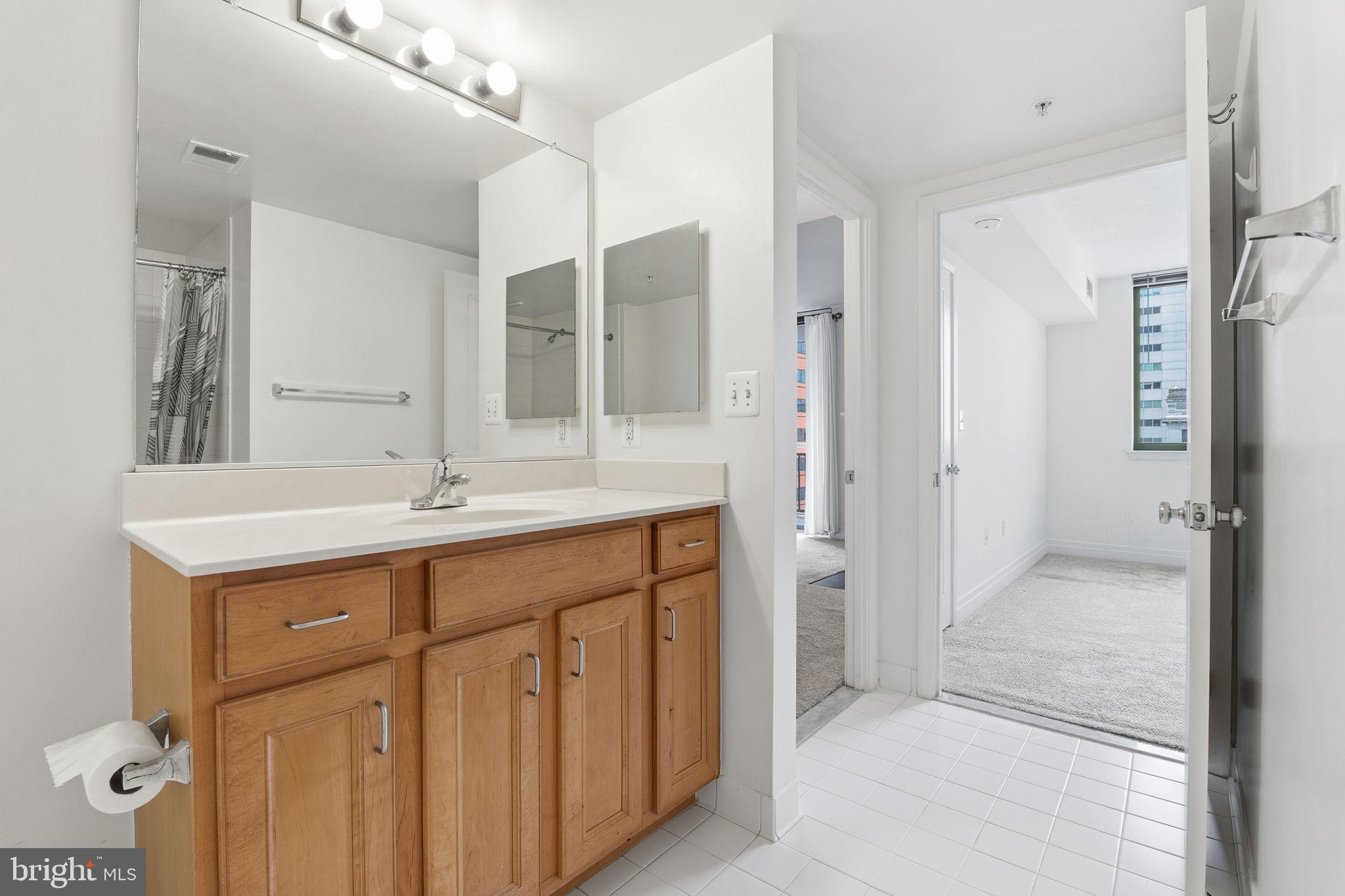 414 Water Street, Unit 1304 Baltimore, MD 21202 - Photo 18 of 24 a bathroom with a double vanity sink mirror and shower
