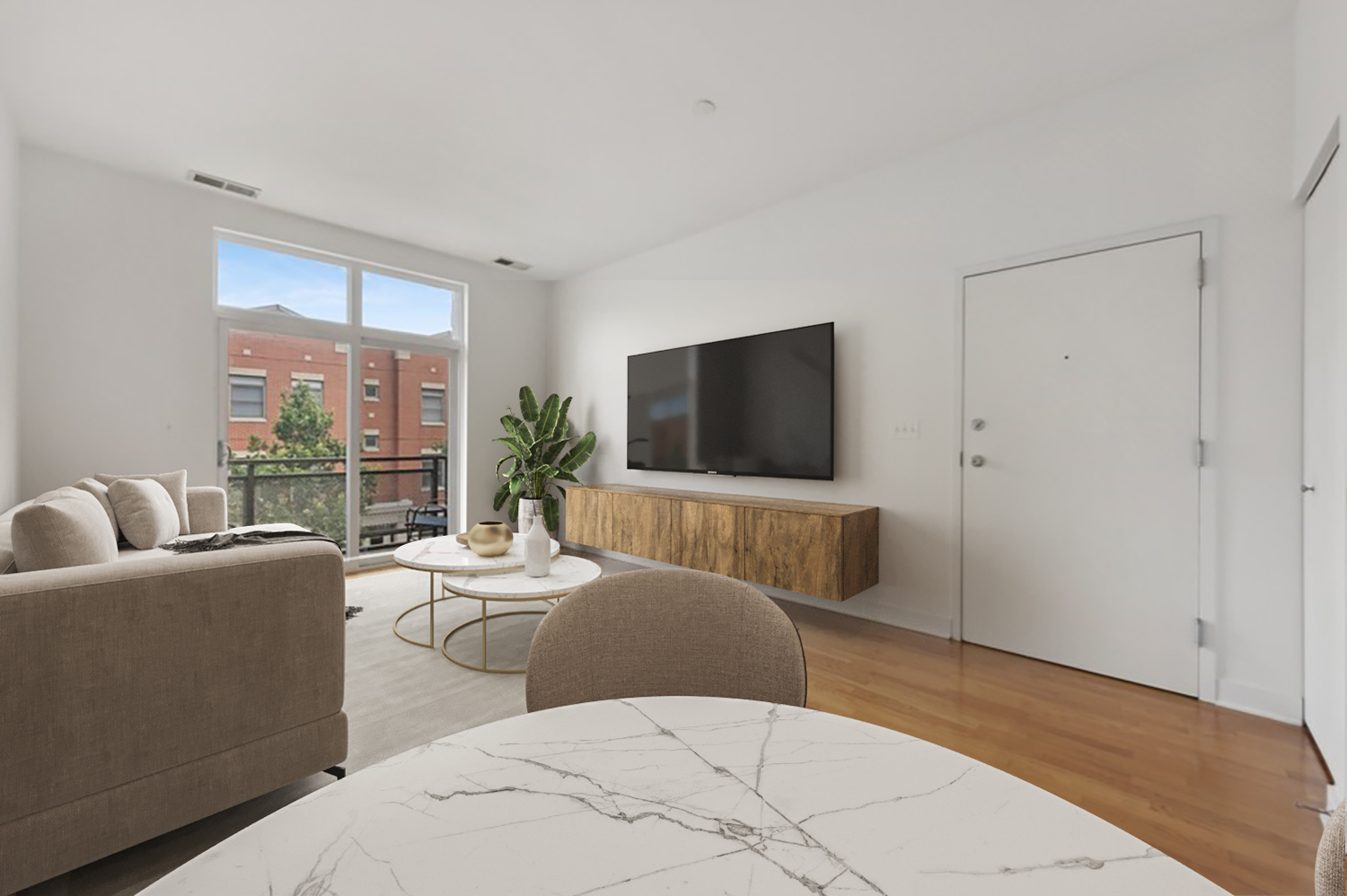 765 West 15th Street, Unit 309 Chicago, IL 60607 - Photo 5 of 14 a living room with furniture a flat screen tv and a floor to ceiling window