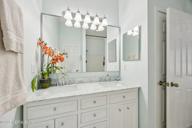 a bathroom with a granite countertop sink a mirror and a potted plant