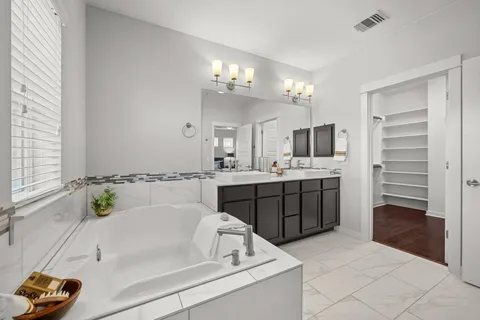 a bathroom with a tub a sink double vanity and a mirror