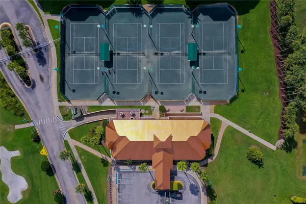 an aerial view of a swimming pool