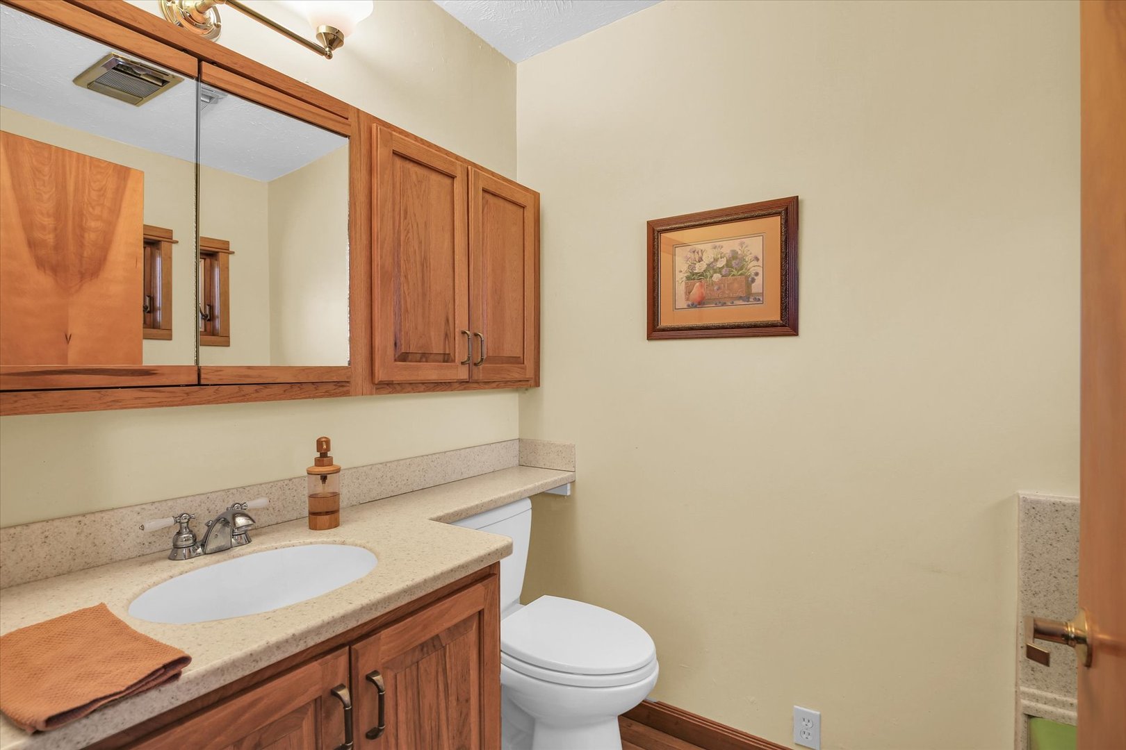 112 North Front Street Sadorus, IL 61872 - Photo 23 of 44 a bathroom with a granite countertop sink mirror vanity and toilet